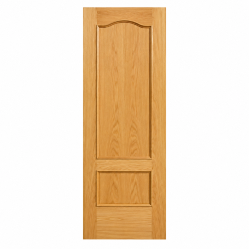 Puerta de interior modelo 52 en roble con dos plafones moldurados y diseño clásico arqueado.