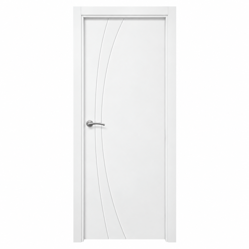 Puerta de interior ARCO lacada en blanco con diseño moderno de líneas curvas y manilla metálica.
