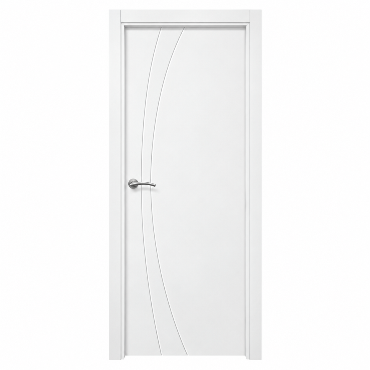 Puerta de interior ARCO lacada en blanco con diseño moderno de líneas curvas y manilla metálica.