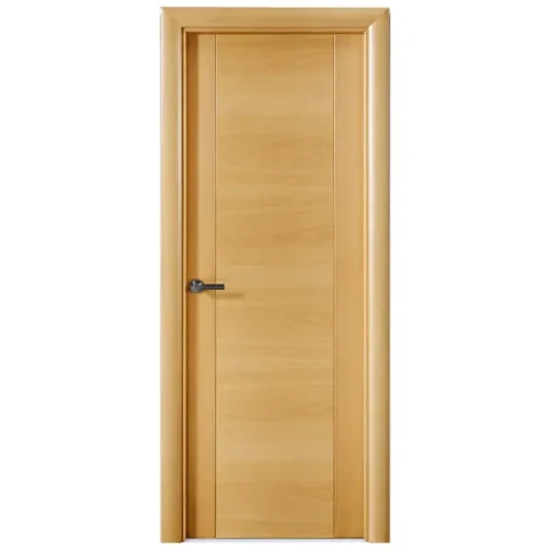 Puerta de interior CALA barnizada en madera clara con diseño liso y manilla negra.