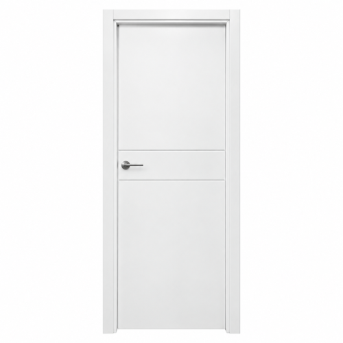 Puerta de interior CENTRO lacada en blanco con dos ranuras horizontales en V y manilla metálica.