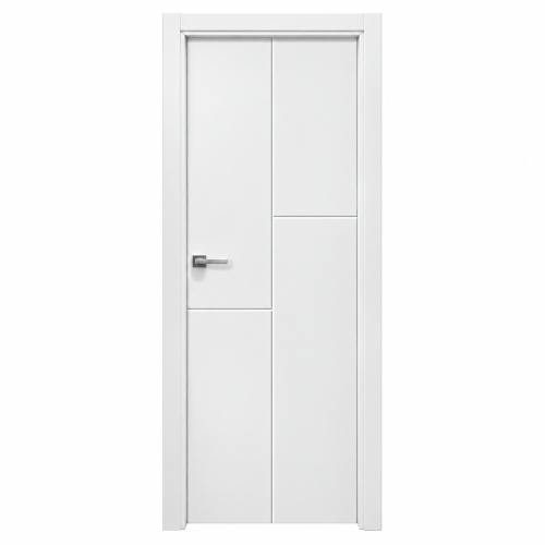 Puerta de interior CUADROS lacada en blanco con ranuras vertical y horizontales formando cuatro cuadros y manilla metálica.