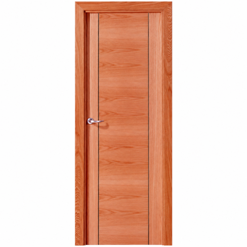 Puerta de interior DECO NT de madera de cedro con diseño liso, veta horizontal y manilla cromada.