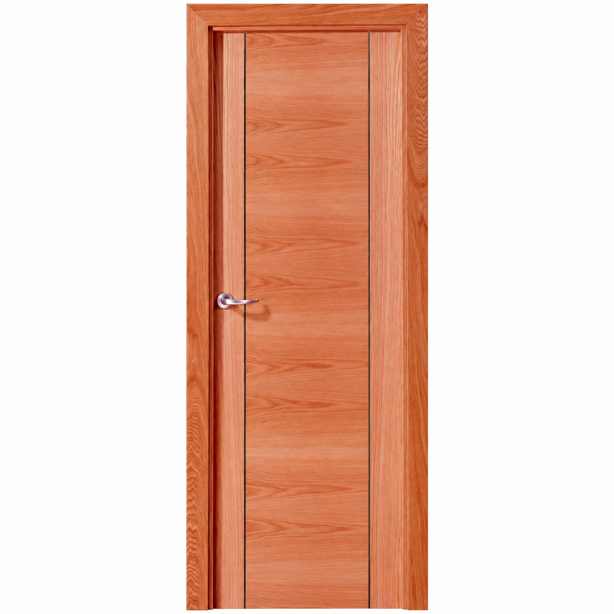 Puerta de interior DECO NT de madera de cedro con diseño liso, veta horizontal y manilla cromada.