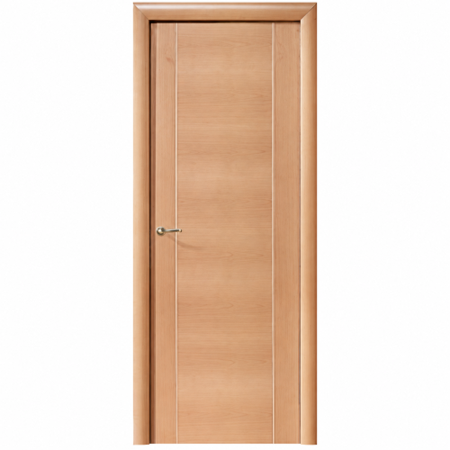 Puerta de interior DECO T en madera de haya vaporizada con diseño liso, detalles verticales y manilla cromada.