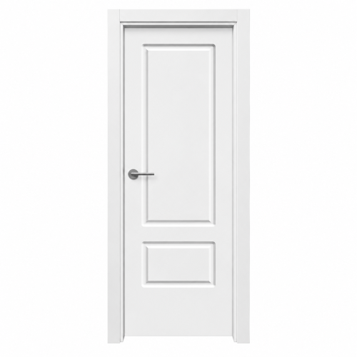 Puerta de interior L2 lacada en blanco montada en block, con dos plafones fresados de esquinas redondeadas y manilla metálica.