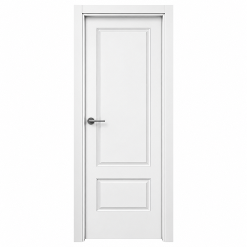 Puerta de interior lacada en blanco montada en block, con dos plafones moldurados y manilla metálica.
