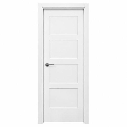 **Texto ALT SEO:** Puerta de interior L4 lacada en blanco con cuatro plafones rectangulares y manilla metálica.