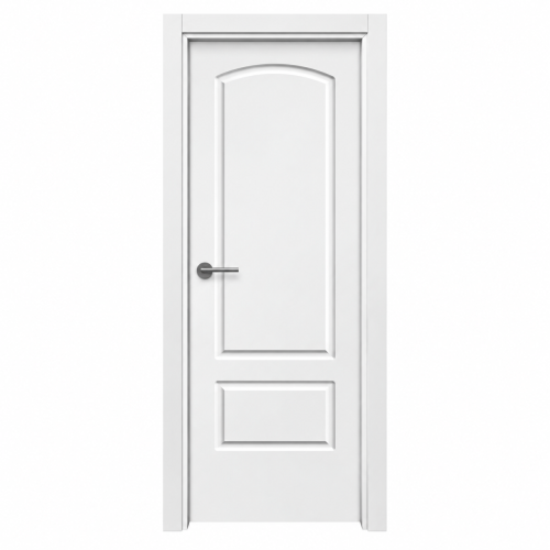 Puerta de interior L5 lacada en blanco montada en block, con dos plafones fresados y manilla