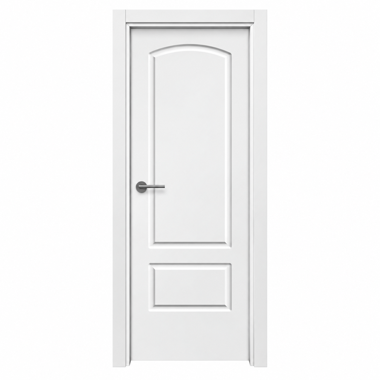 Puerta de interior L5 lacada en blanco montada en block, con dos plafones fresados y manilla