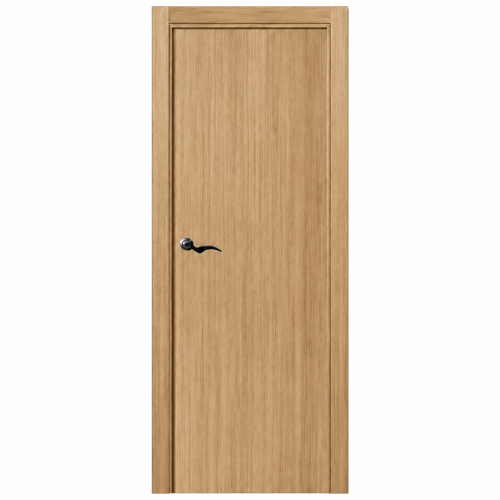 Puerta de interior lisa en madera natural color roble con veta vertical y manilla negra.
