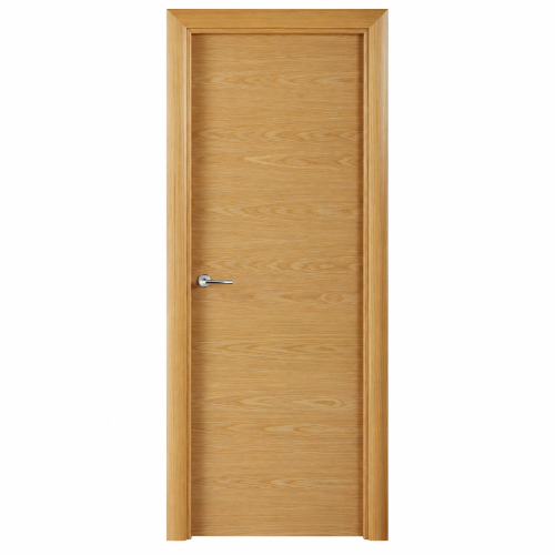 Puerta de interior lisa en madera de roble natural con veta horizontal y manilla cromada.