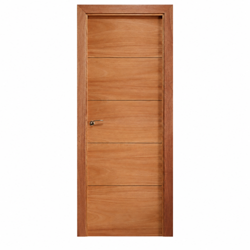 Puerta de interior MAPI T en madera de cedro con cuatro ranuras horizontales y manilla cromada.
