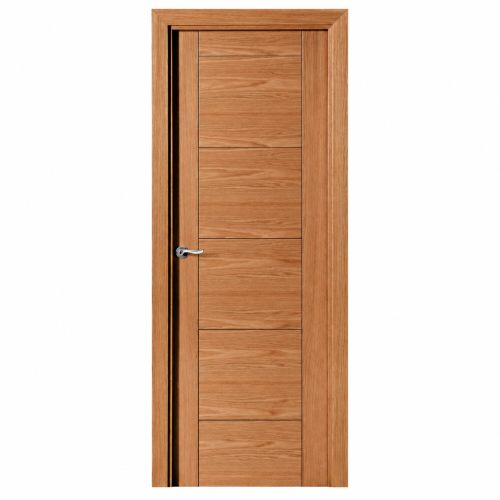 Puerta de interior MARA en madera de cedro con diseño asimétrico, ranuras horizontales y manilla cromada.