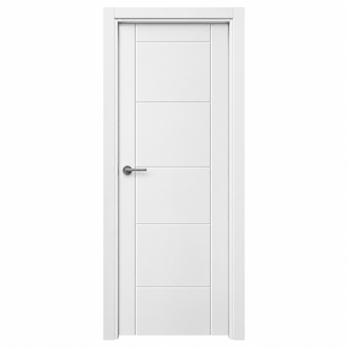 Puerta de interior lacada en blanco montada en block, con diseño de ranuras horizontales y verticales y manilla metálica.
