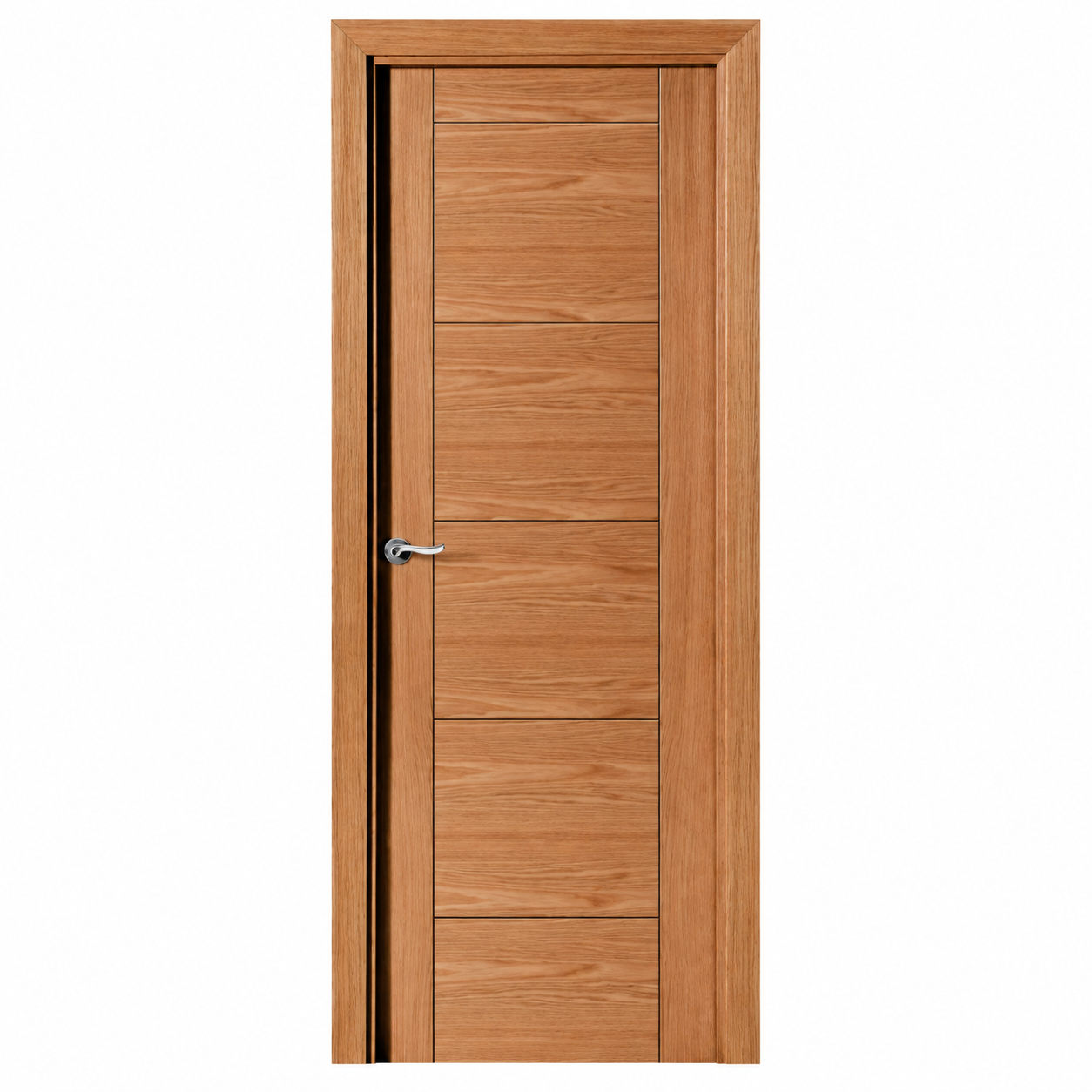 Puerta de interior MARA en madera de cedro con diseño asimétrico, ranuras horizontales y manilla cromada.