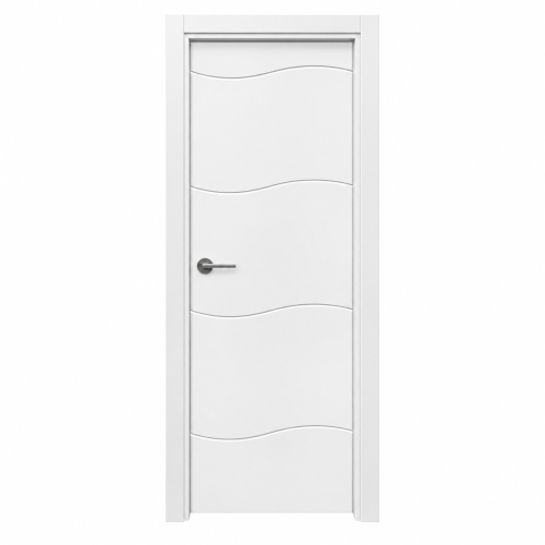 Puerta de interior OLA lacada en blanco montada en block, con cuatro ranuras curvas en forma de ola y manilla metálica.