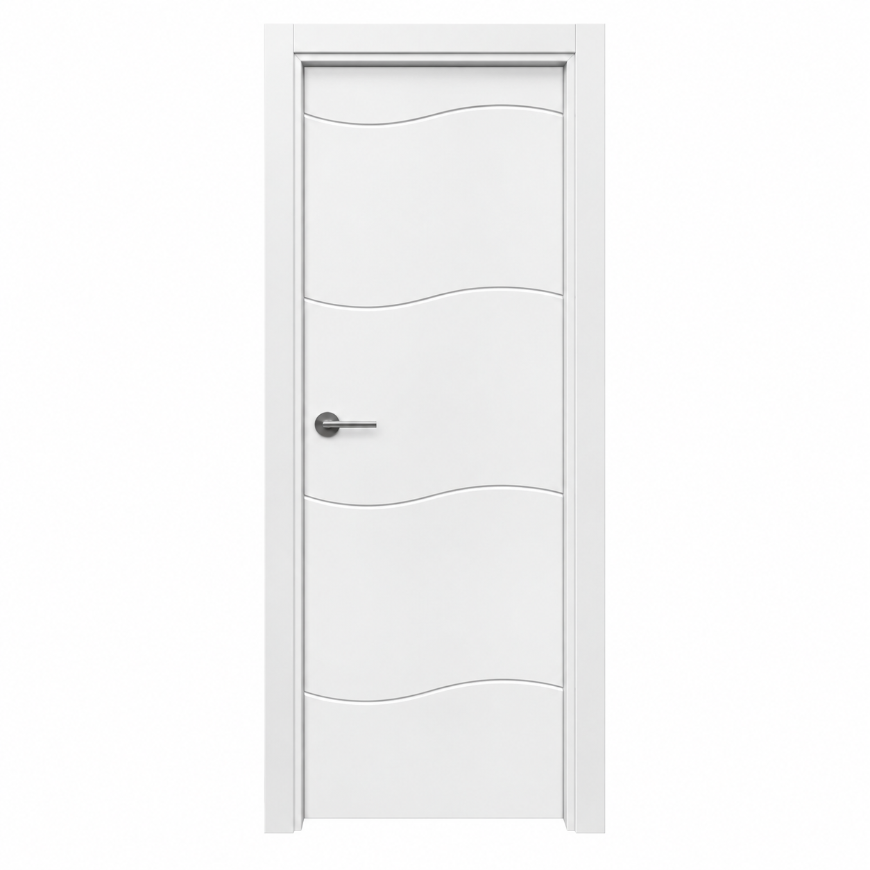 Puerta de interior OLA lacada en blanco montada en block, con cuatro ranuras curvas en forma de ola y manilla metálica.
