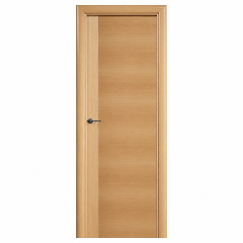 Puerta de interior T 400 en haya vaporizada con diseño liso asimétrico y manilla negra.