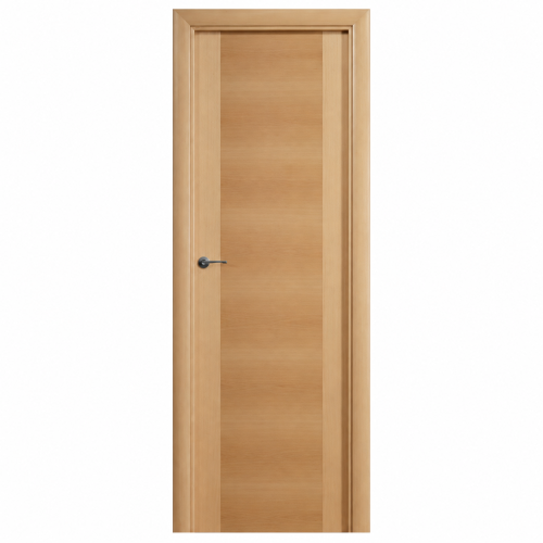 Puerta de interior T-500 en haya vaporizada con diseño liso, dos franjas verticales y manilla negra.