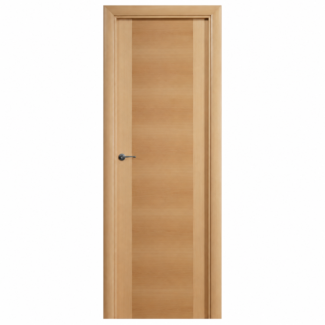 Puerta de interior T-500 en haya vaporizada con diseño liso, dos franjas verticales y manilla negra.