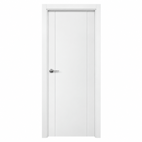 Puerta de interior CALA lacada en blanco con diseño moderno de líneas verticales y manilla metálica.