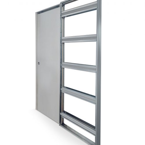 Estructura del armazón rasomuro Scrigno Openbox para puerta corredera, con bastidor metálico y sistema integrado que permite ocultar la hoja dentro de la pared para un acabado limpio y minimalista.