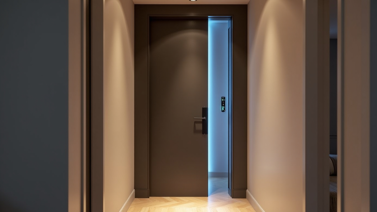 Maneta inteligente instalada en una puerta interior con apertura parcial y luz de seguridad azul