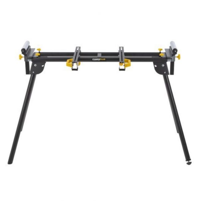 Soporte plegable para ingletadora Powerplus – estructura metálica con rodillos ajustables, capacidad 150 kg