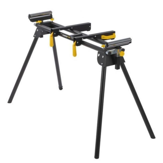 Soporte plegable para ingletadora Soporte plegable para ingletadora Powerplus – estructura metálica con rodillos ajustables, capacidad 150 kg