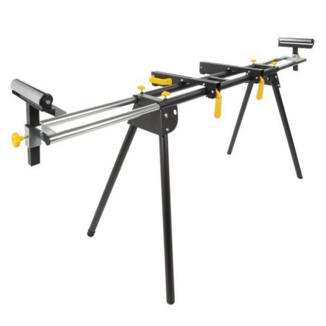 Soporte plegable para ingletadora Powerplus – estructura metálica con rodillos ajustables, capacidad 150 kg