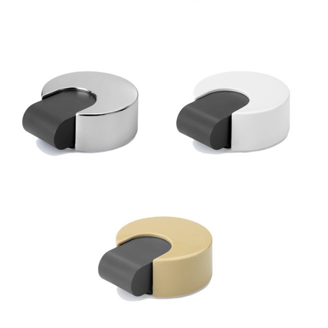 Topes para puerta Inoxfix 2021 con amortiguación, disponibles en acabado inox, blanco y dorado. Diseño moderno, silencioso y resistente, ideal para proteger puertas y paredes.