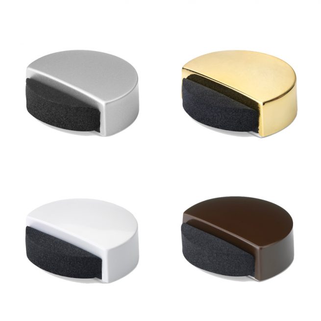 Topes de puerta adhesivos Inofix modelo 2027 con espuma amortiguadora, disponibles en acabados plata, dorado, blanco y marrón, ideales para proteger paredes y evitar golpes de puertas