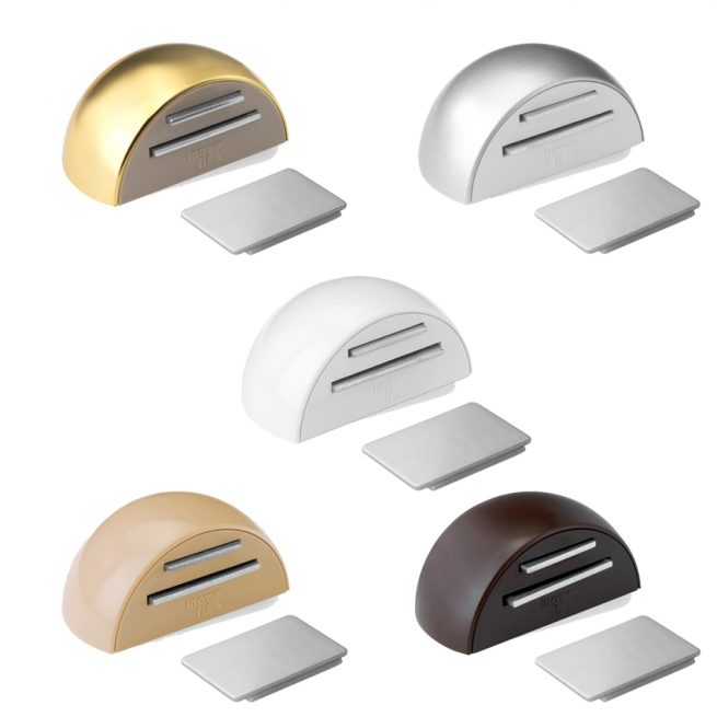 Topes de puerta Inofix 2034 con retenedor magnético en varios acabados: dorado, cromo mate, blanco, beige y marrón, incluyen placa metálica adhesiva para fijación