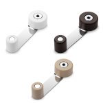 Tope Inofix 2058 con retenedor giratorio, base metálica y fijación adhesiva, disponibles en blanco, marrón y beige, para puertas de hasta 45 mm