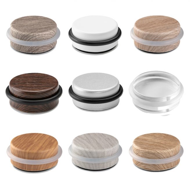 Topes de puerta Inofix 2098 cilíndricos con acabado laminado en múltiples tonos de madera, blanco y cromo mate, con anillo de silicona amortiguador y fijación adhesiva extrafuerte