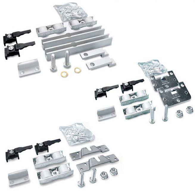 Kit Accesorios Klein NK 85 para sistema corredero Klein NK 85: componentes para puertas correderas de madera o metal hasta 85 kg, incluye rodamientos, perfiles, anclajes, topes, fijaciones y tornillería para instalación a techo o pared