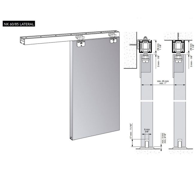 Kit Accesorios Klein NK 85 para sistema corredero Klein NK 85: componentes para puertas correderas de madera o metal hasta 85 kg, incluye rodamientos, perfiles, anclajes, topes, fijaciones y tornillería para instalación a techo o pared