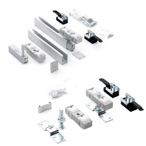 Kit de Accesorios Klein Slid 150 para sistema corredero Klein SLID 150: componentes para puertas correderas de madera de gran tamaño, incluye rodamientos, perfiles, anclajes, frenos y tornillería para instalación a techo o pared