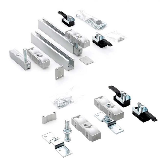 Kit de Accesorios Klein Slid 150 para sistema corredero Klein SLID 150: componentes para puertas correderas de madera de gran tamaño, incluye rodamientos, perfiles, anclajes, frenos y tornillería para instalación a techo o pared