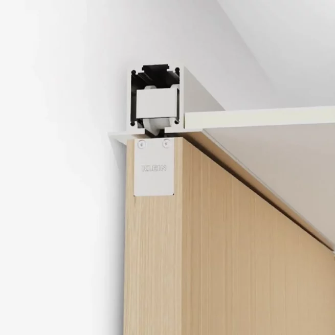 Kit de Accesorios Klein Slid 150 para sistema corredero Klein SLID 150: componentes para puertas correderas de madera de gran tamaño, incluye rodamientos, perfiles, anclajes, frenos y tornillería para instalación a techo o pared
