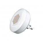 Dispositivo de alarma inteligente AYR int_ALARM con diseño redondo en color blanco, rejilla de altavoz visible y enchufe europeo integrado para conexión directa a la red eléctrica