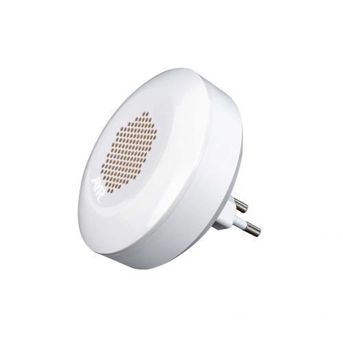 Dispositivo de alarma inteligente AYR int_ALARM con diseño redondo en color blanco, rejilla de altavoz visible y enchufe europeo integrado para conexión directa a la red eléctrica