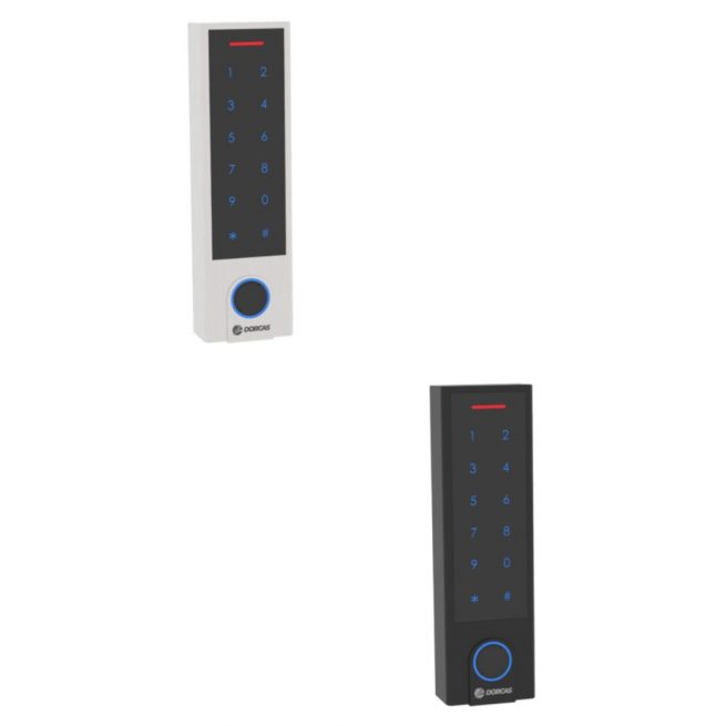 Teclado táctil de control de accesos Dorcas K21 en color negro y plateado, con lector de proximidad integrado y diseño moderno y compacto. Ideal para sistemas de seguridad y acceso en edificios residenciales, comerciales o industriales