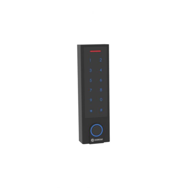 Teclado táctil de control de accesos Dorcas K21 en color negro y plateado, con lector de proximidad integrado y diseño moderno y compacto. Ideal para sistemas de seguridad y acceso en edificios residenciales, comerciales o industriales