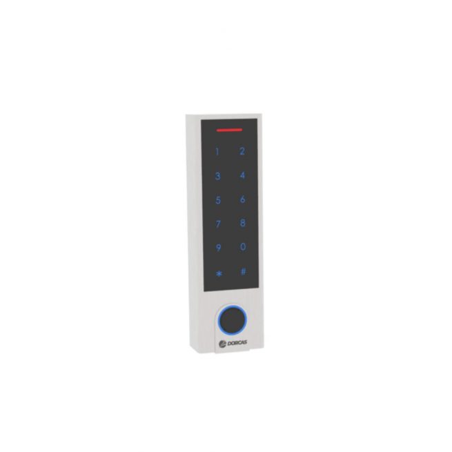 Teclado táctil de control de accesos Dorcas K21 en color negro y plateado, con lector de proximidad integrado y diseño moderno y compacto. Ideal para sistemas de seguridad y acceso en edificios residenciales, comerciales o industriales