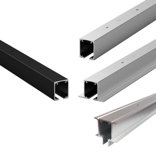 Guía Klein Lite de aluminio para sistema corredero Klein LITE: perfiles vistos u ocultos en acabados negro, silver y bronce para puertas correderas de madera hasta 100 kg