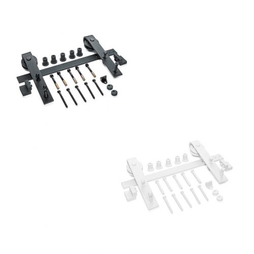 Kit Guía Rústica para puerta corrediza rústica color negro o blanco, incluye riel metálico, ruedas deslizantes, tornillos, separadores y topes, ideal para puertas estilo granero o interiores modernos. Accesorios completos para instalación de sistema de puerta corrediza barn door
