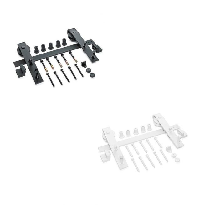 Kit Guía Rústica para puerta corrediza rústica color negro o blanco, incluye riel metálico, ruedas deslizantes, tornillos, separadores y topes, ideal para puertas estilo granero o interiores modernos. Accesorios completos para instalación de sistema de puerta corrediza barn door