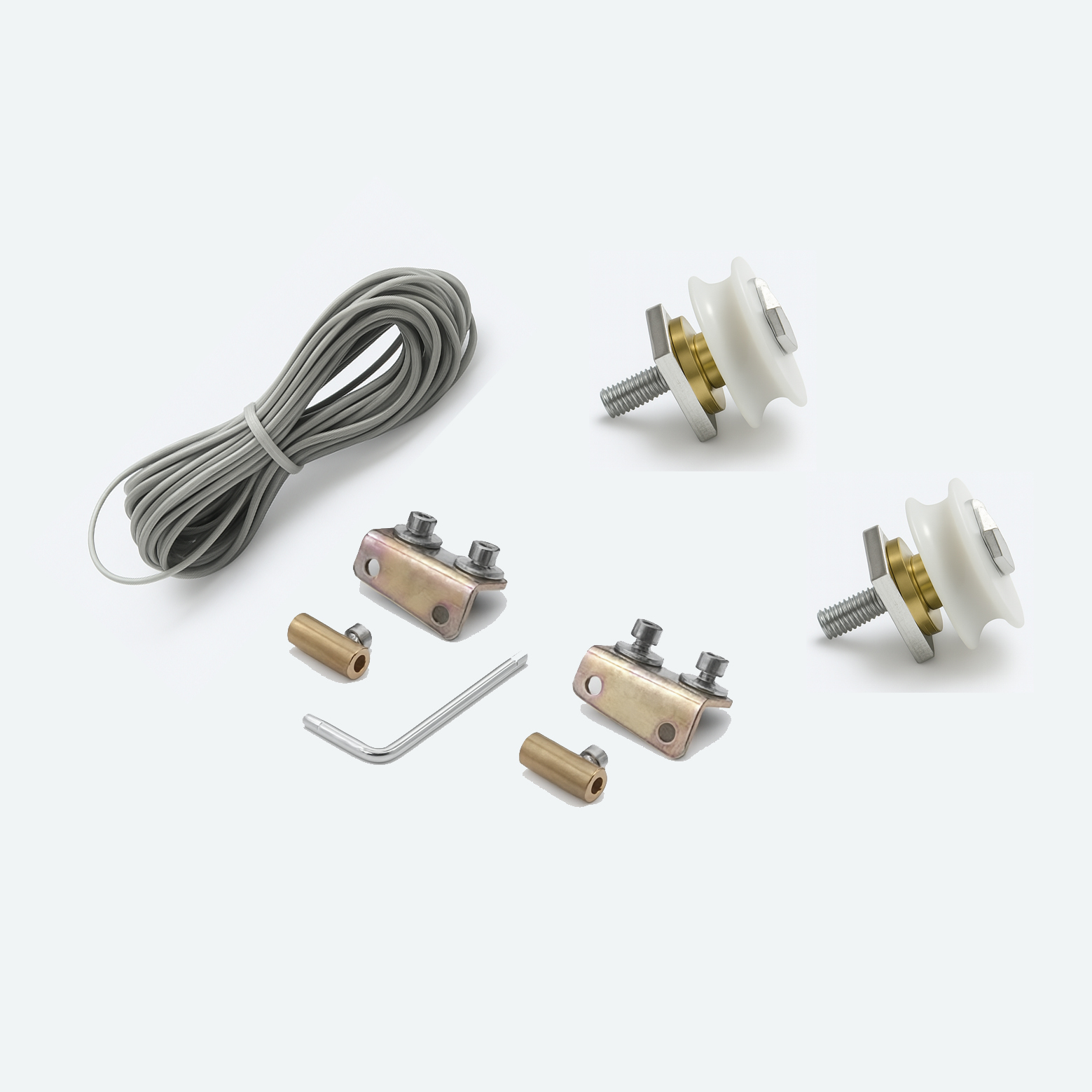 Kit de apertura simultánea para puertas correderas – poleas, cable y herrajes incluidos